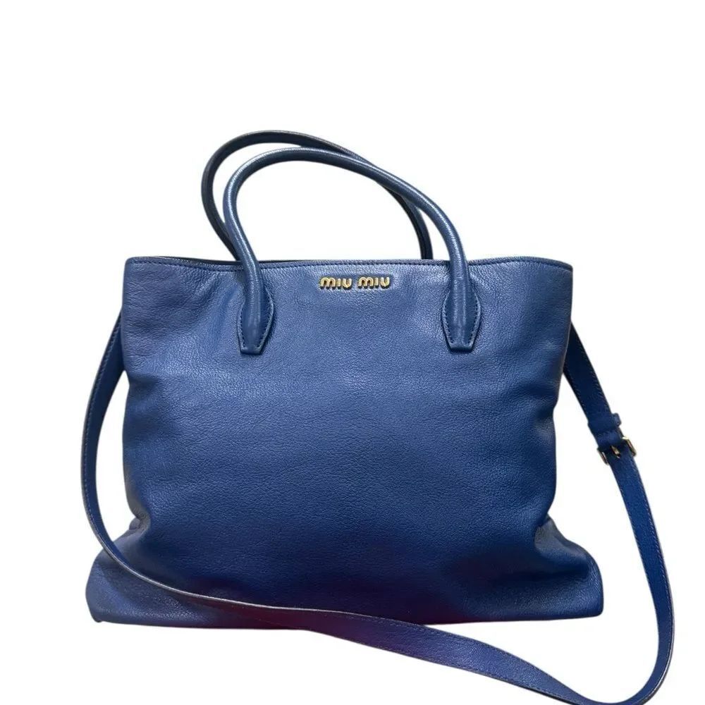 Miu Miu Cobalto Blue Vitello Daino Leather 2way Shine Madras Tote Bag Satchel